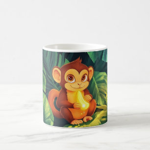 Taza De Café bebé mono lindo en la selva sosteniendo un ban bri