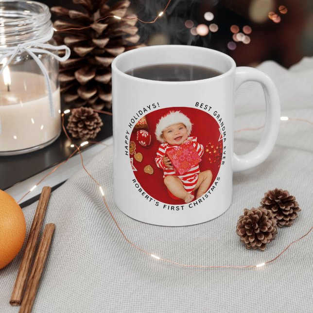 Taza De Café Bebé primera foto de Navidad Fiesta de la abuela (First Christmas Baby Photo Grandma Custom White 11oz Coffee Mug)