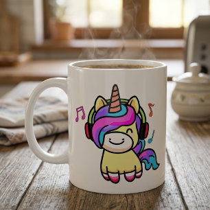 Taza De Café Bebé Unicornio Kawaii Feliz con Auriculares