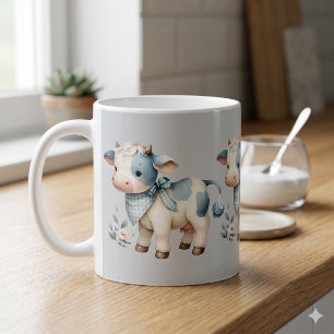 Taza De Café Bebé Vaca de Cuadros Azules Estética Pastel de Gra