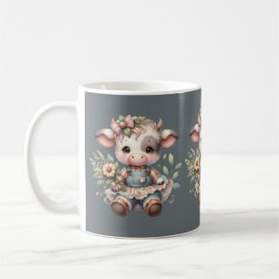 Taza De Café Becerro Kawaii Farmcore con vestido floral vintage