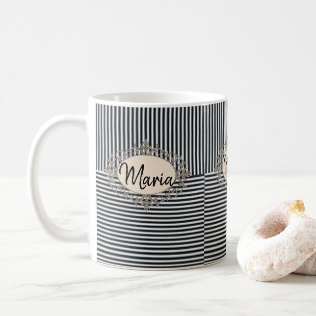 Taza De Café Beige Black Stripe Mug (Con donut)