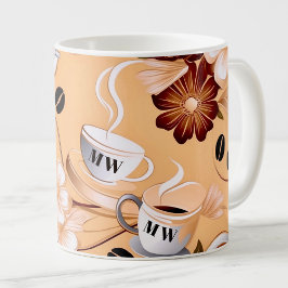 Taza De Café Beige con temática de café, iniciales de flores ma