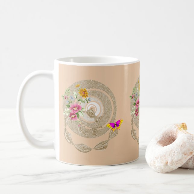 Taza De Café Beige Floral Mug (Con donut)