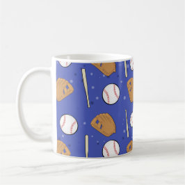 Taza De Café Béisbol: guantes, bolas y batas de fondo azul