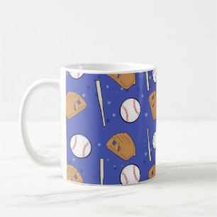 Taza De Café Béisbol: guantes, bolas y batas de fondo azul