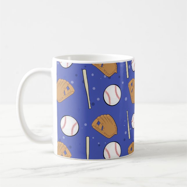 Taza De Café Béisbol: guantes, bolas y batas de fondo azul (Izquierda)