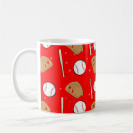 Taza De Café Béisbol: guantes, bolas y batas de fondo rojo