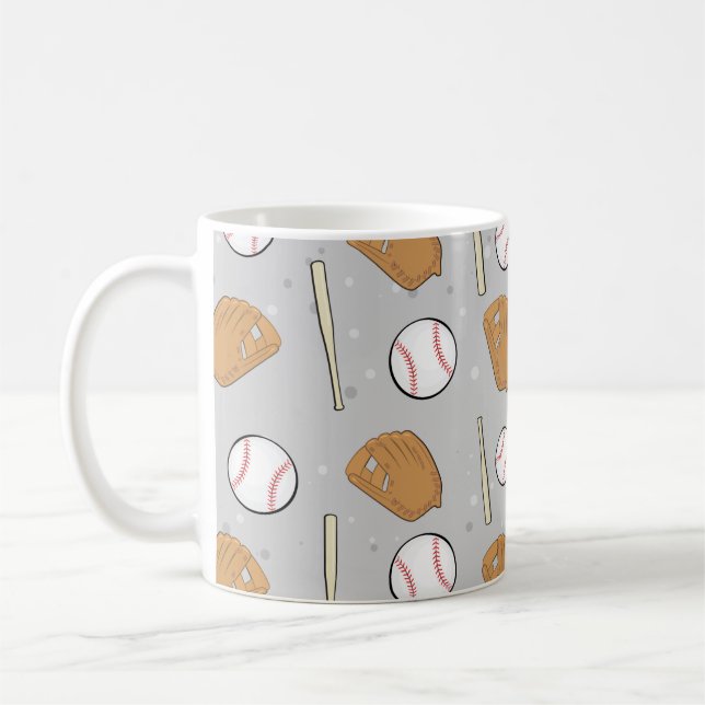 Taza De Café Béisbol: guantes, bolas y murciélagos en fondo gri (Izquierda)