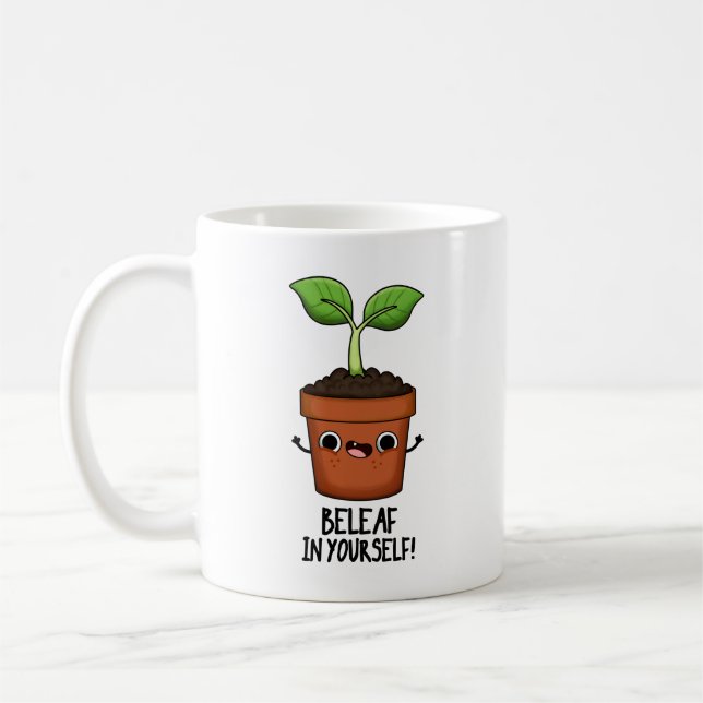 Taza De Café Beleaf En Tu Funny Planta Pun (Izquierda)