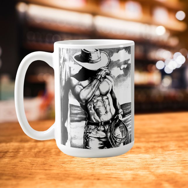 Taza De Café Bella Artes, retocado boceto de carbón de vaquero  (The handsome cowboy coffee mug fits with all kinds of settings.)