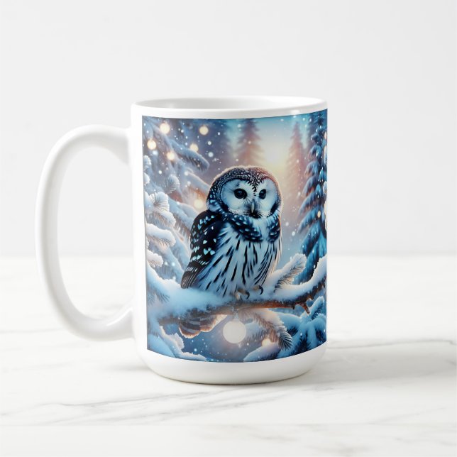 Taza De Café Bella Lechuza Blanca Y Negra En Invierno (Izquierda)