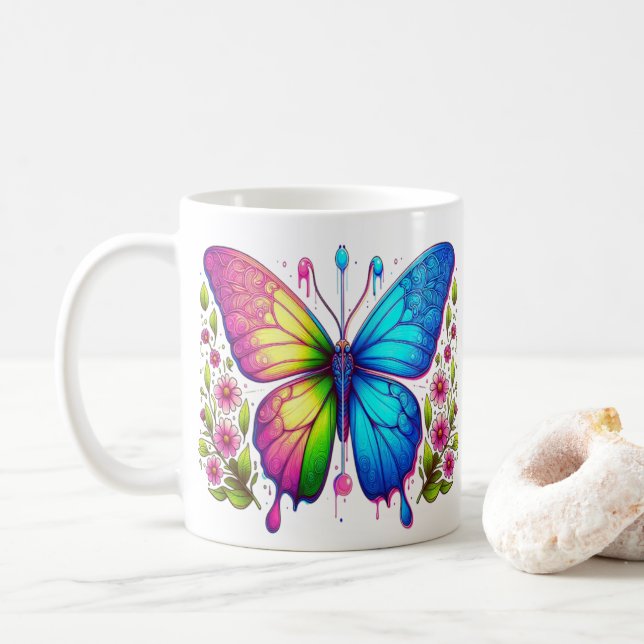 Taza De Café Belleza simétrica: mariposa rosa y azul con (Con donut)