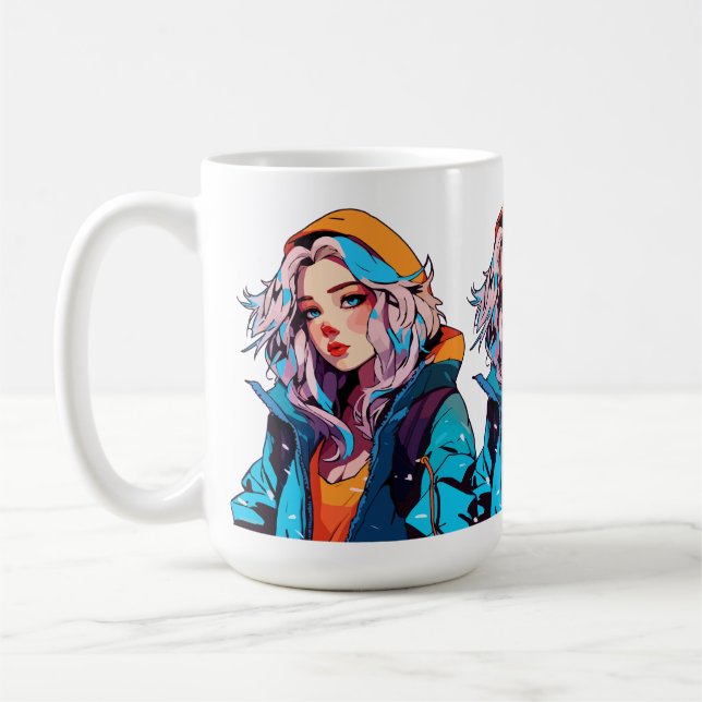 Taza De Café Belleza turquesa: Chica anime dibujado a mano (Izquierda)