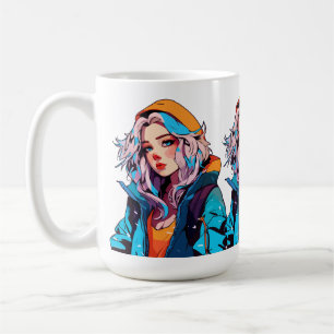 Taza De Café Belleza Turquesa: Chica de Anime Dibujada a Mano