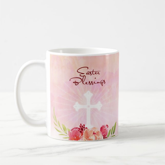 Taza De Café Bendición de Pascua: Flores rosas con cruz (Izquierda)