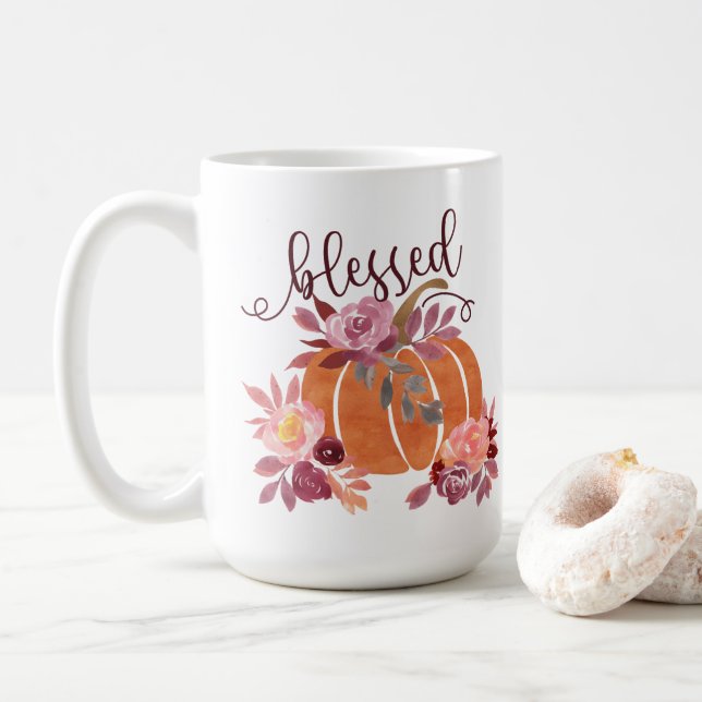Taza De Café Bendita - Calabaza de otoño con flores rosas (Con donut)