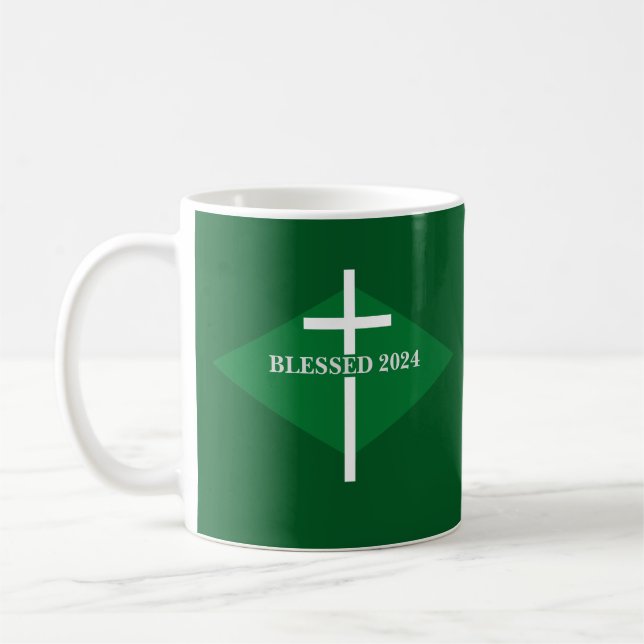 Taza De Café Bendito Año Nuevo Verde y Cruz Blanca Cristiano (Izquierda)