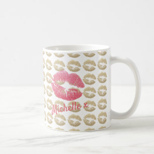 Taza De Café Besos de Labial Rosa y Dorado