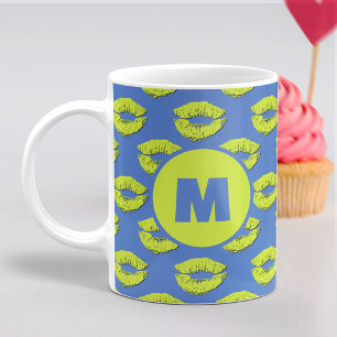 Taza De Café Besos Personalizados de Labios XOXO Azul y Verde
