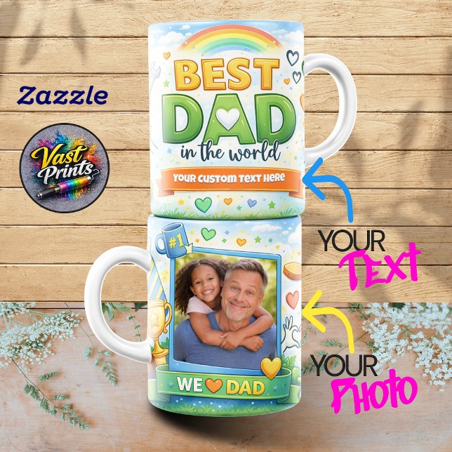 Taza De Café Best Dad in the World Rainbow Custom Photo Collage (Best Dad in the World Rainbow Custom Photo Collage Coffee Mug)