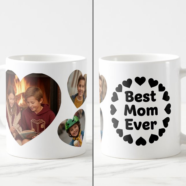 Taza De Café Best Mom Ever 3 Heart Photo Keepsake Black White (Subido por el creador)