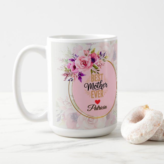 Taza De Café Best Mother Ever - Pink Floral Custom Name (Con donut)