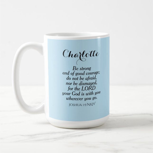 Taza De Café Biblia de valor azul claro Verse nombre personaliz (Izquierda)