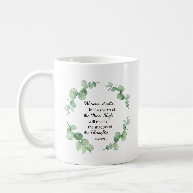Taza De Café Biblia Verse salm 91 Eucalyptus Wreath Christian (Izquierda)