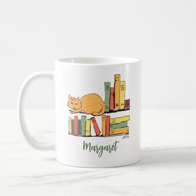 Taza De Café Biblioteca Cute dibujada a mano de un gato naranja (Izquierda)