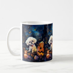 Taza De Café Bichon Frise de Halloween con calabazas aterradora