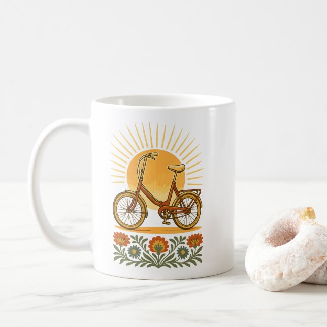 Taza De Café Bicicleta Retro Polaca Folk Atardecer (Con donut)