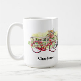 Taza De Café Bicicleta roja con acuarela de flores personalizad