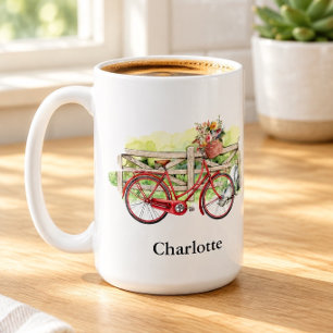 Taza De Café Bicicleta Roja con Flores Acuarela Personalizada