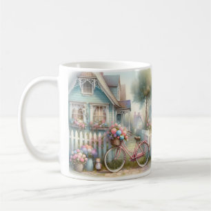 Taza De Café Bicicleta rosa con flores en la puerta azul de la 