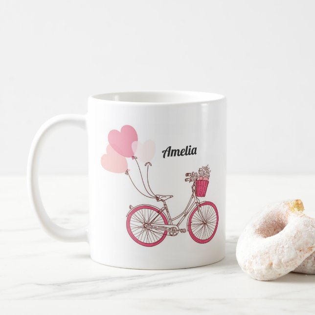 Taza De Café Bicicleta rosa y globos cardíacos peluca personali (Con donut)