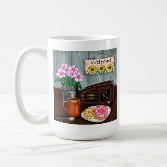 Taza De Café Bienvenida, girasoles, donuts y café (Izquierda)
