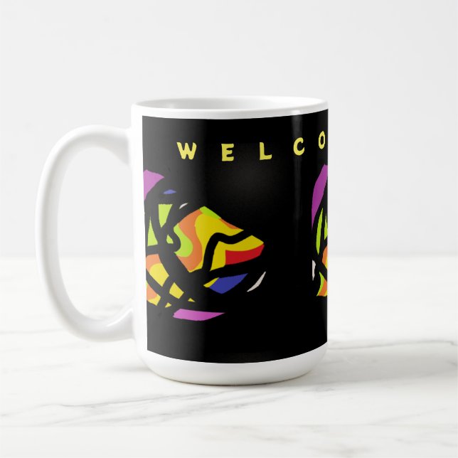 TAZA DE CAFÉ BIENVENIDOS PATRONES DE ARTE EN CASA EN NEGRO (Izquierda)