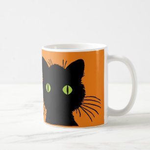 Taza De Café Big Green Eyed Black Cat Happy Halloween Design
