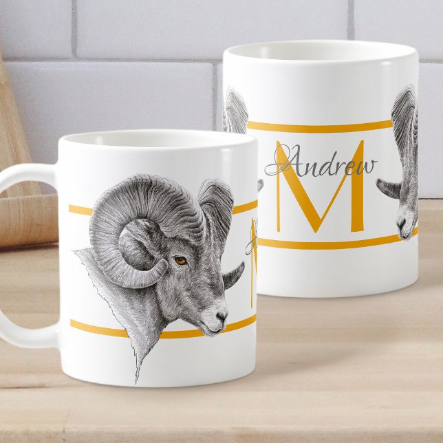 Taza De Café Bighorn Ram Arte Animal Aries Zodiac Signo Monogra (Subido por el creador)