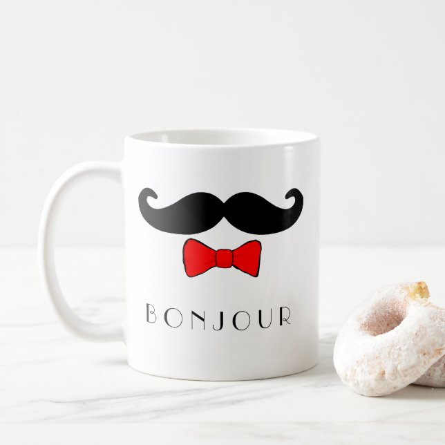 Taza De Café Bigote de Bonjour y Bowtie rojo (Con donut)