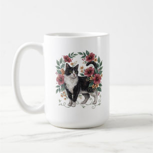 Taza De Café Bigotes Botánicos: Gato Floral Arte Folclórico