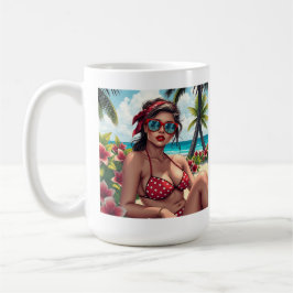 Taza De Café Bikini rojo, gafas de sol y mujer andana