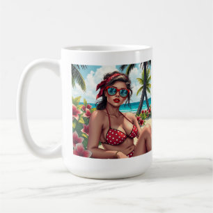 Taza De Café Bikini rojo, gafas de sol y mujer andana