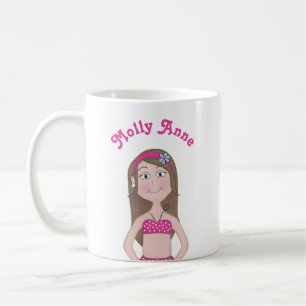 Taza De Café Bikini rosa, piel clara con cabello castaño y ojos