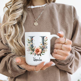 Taza De Café Birth Flower Coffee Mug, Custom Floral Initial Mug