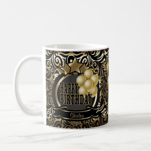 Taza De Café Black and Gold Metallic Happy 00th Birthday Star (Izquierda)