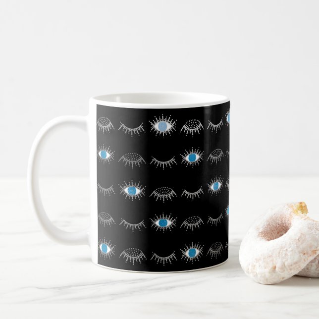 Taza De Café Black and Silver Blue Evil Eye Eyelashes Nazar Mat (Con donut)