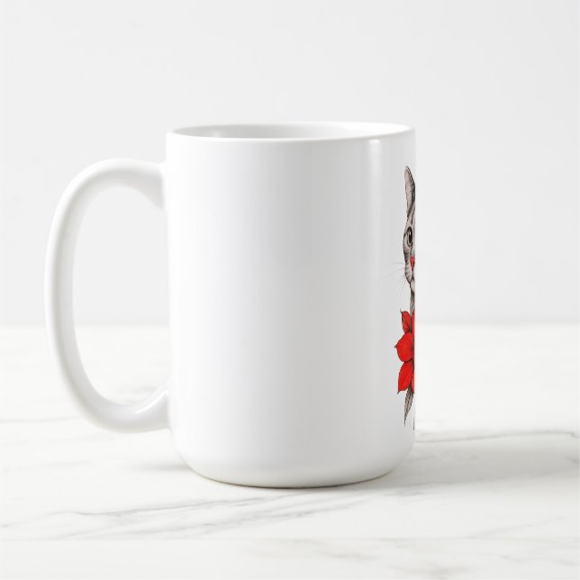 Taza De Café Black and White Cat with Bright Red Blooms (Izquierda)
