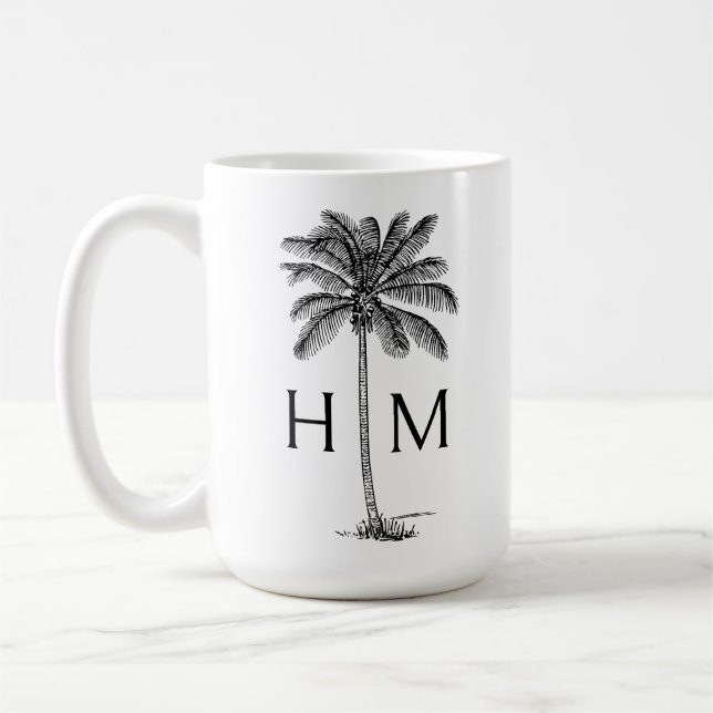 Taza De Café Black and White Palm Palmetto Tree Monogram (Izquierda)
